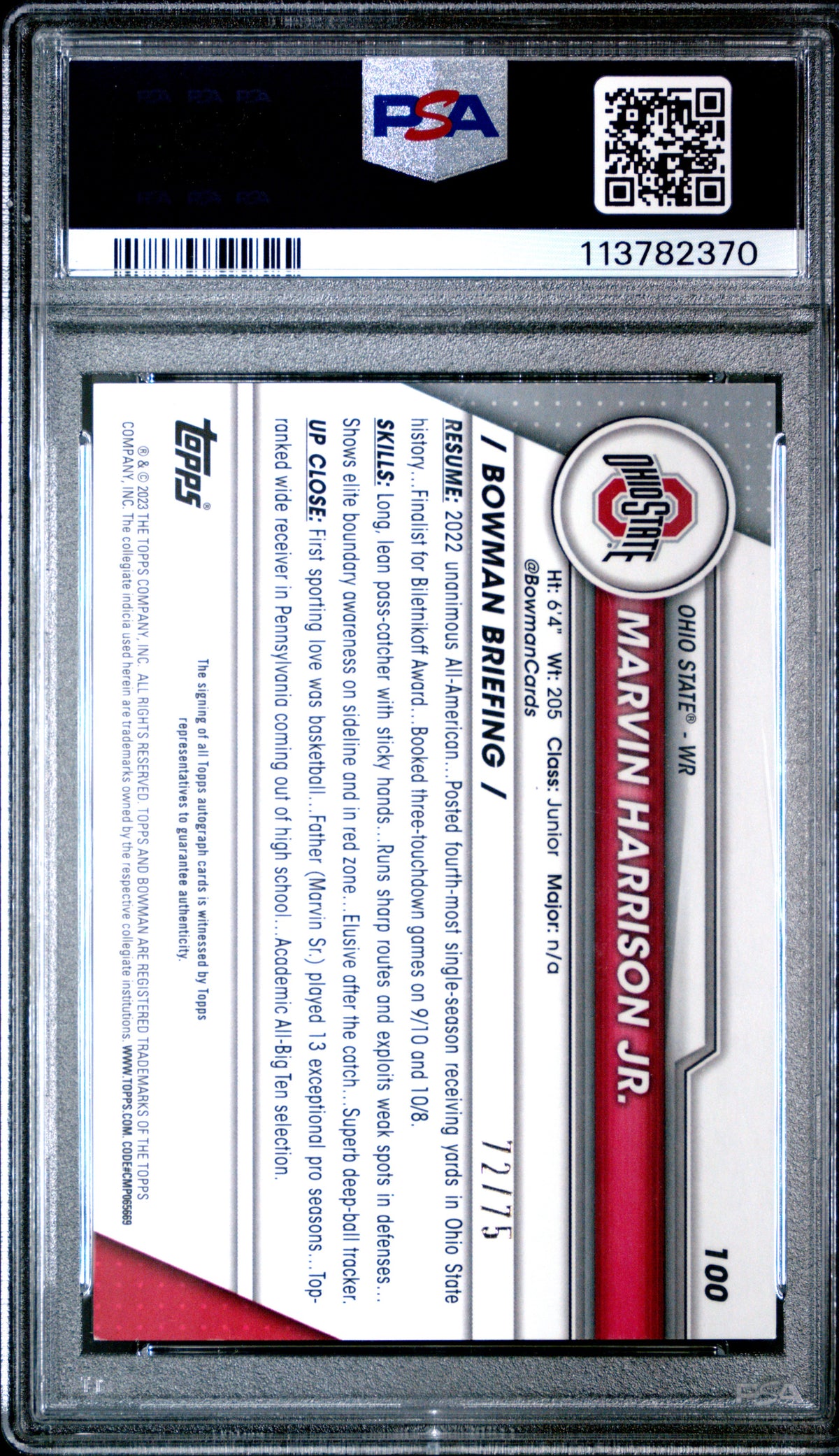 2023 Bowman University Chrome Marvin Harrison Jr. Auto-Yellow Refractor #100 PSA 9