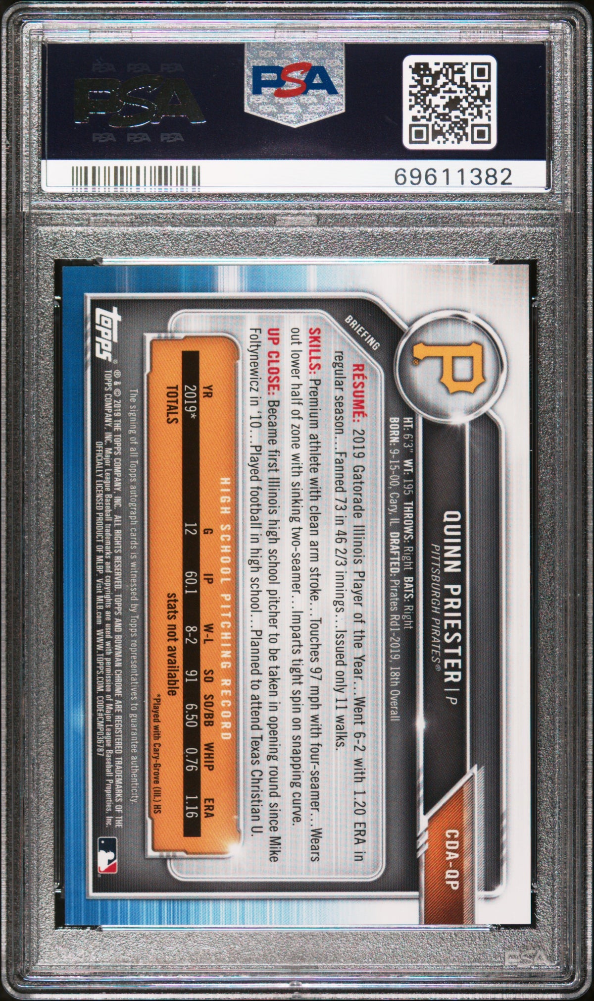 2019 Bowman Draft Chrome Draft Picks Autograph Quinn Priester - Blue Ref. #CDAQP PSA 10