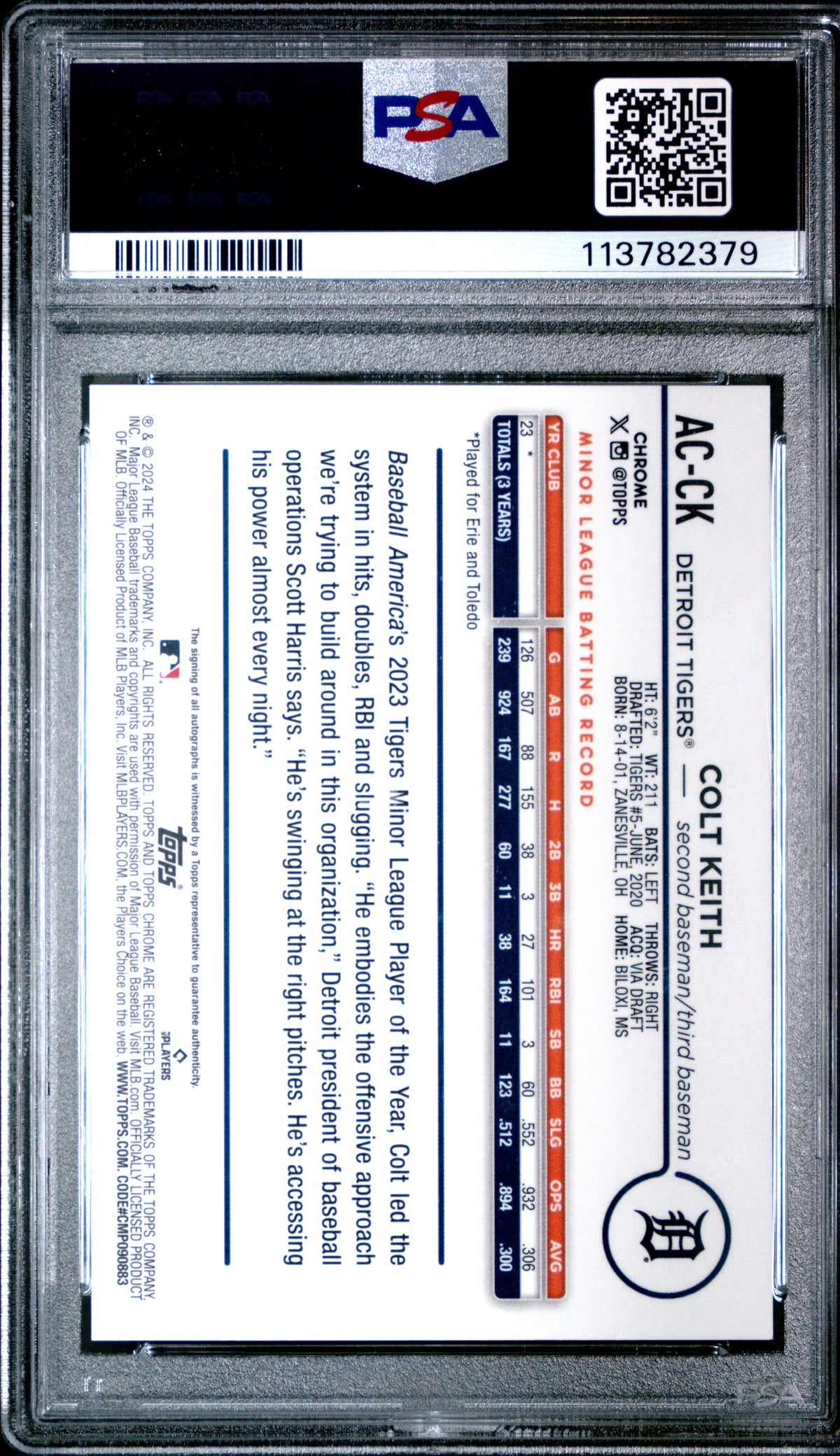2024 Topps Chrome Update Chrome Baseball Update Series Autographs Colt Keith - Blue Raywave #ACCK PSA 10