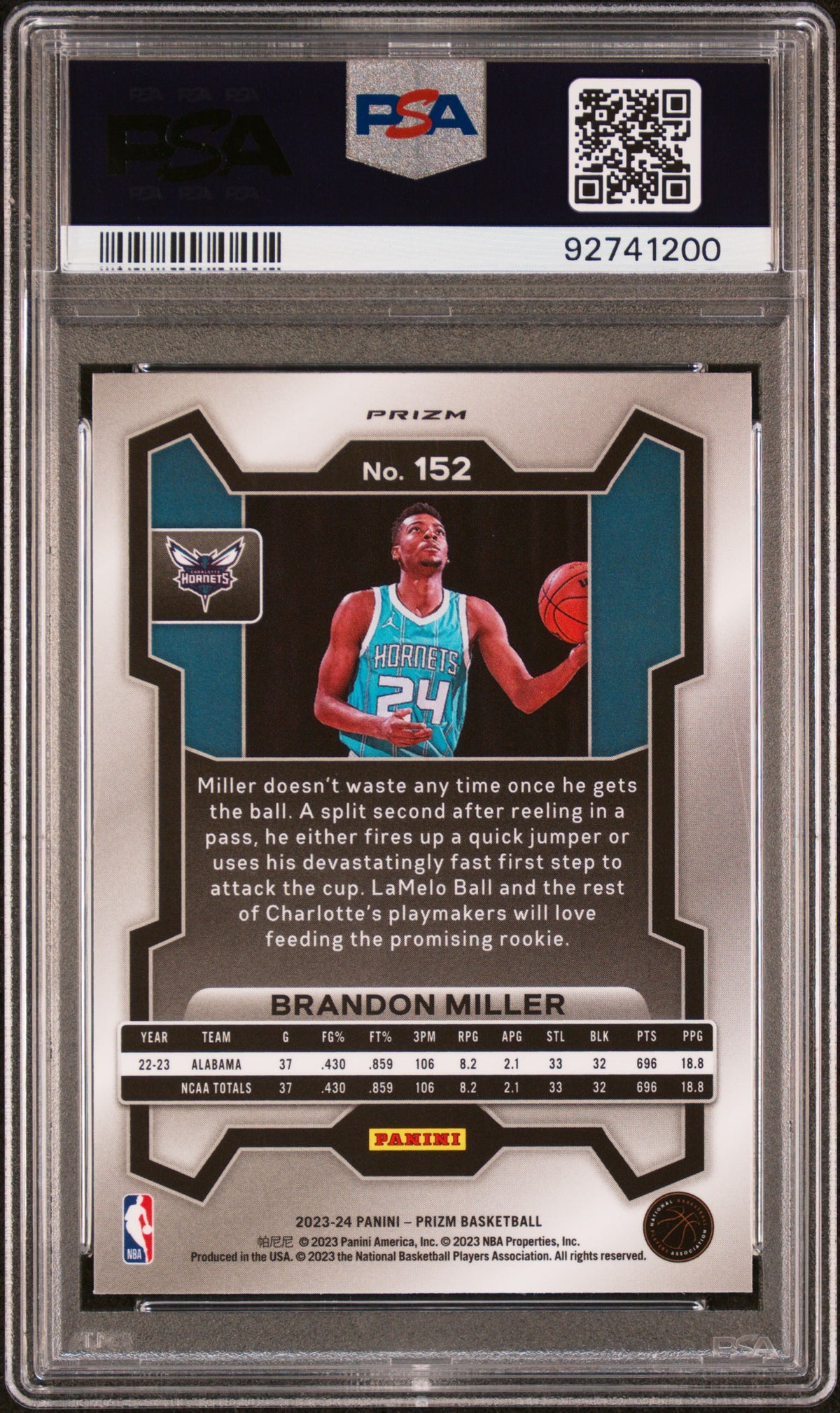 2023 Panini Prizm Brandon Miller Silver Prizm #152 PSA 9