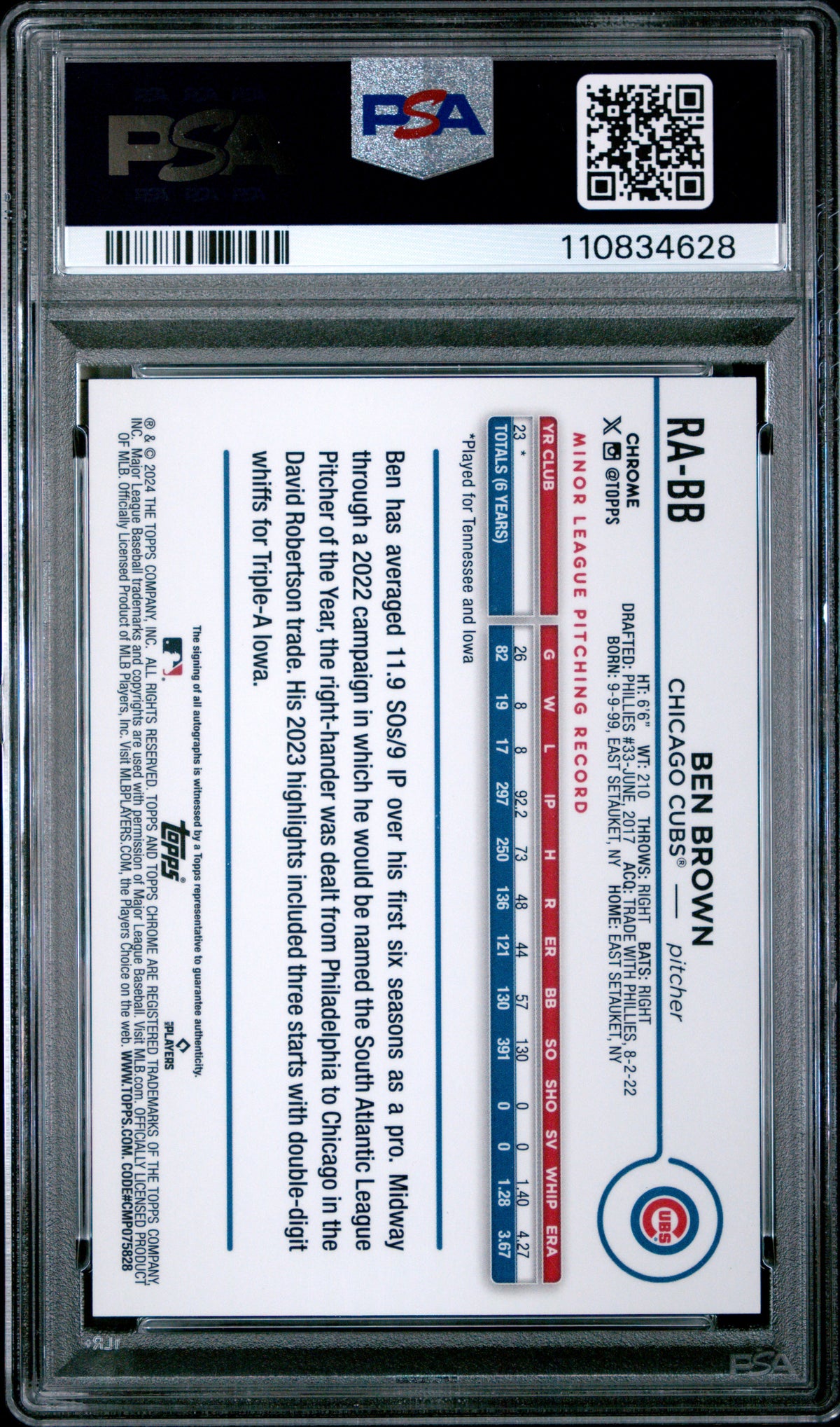 2024 Topps Chrome Update Chrome Baseball Update Series Autographs Ben Brown Orange Refractor #RABB PSA 10