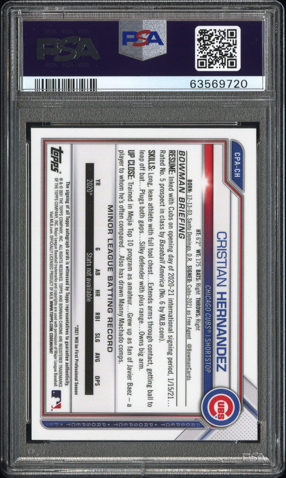 2021 Bowman Chrome Prospect Autographs Cristian Hernandez - Chc.Ref. #CPACH PSA 10/Auto 10