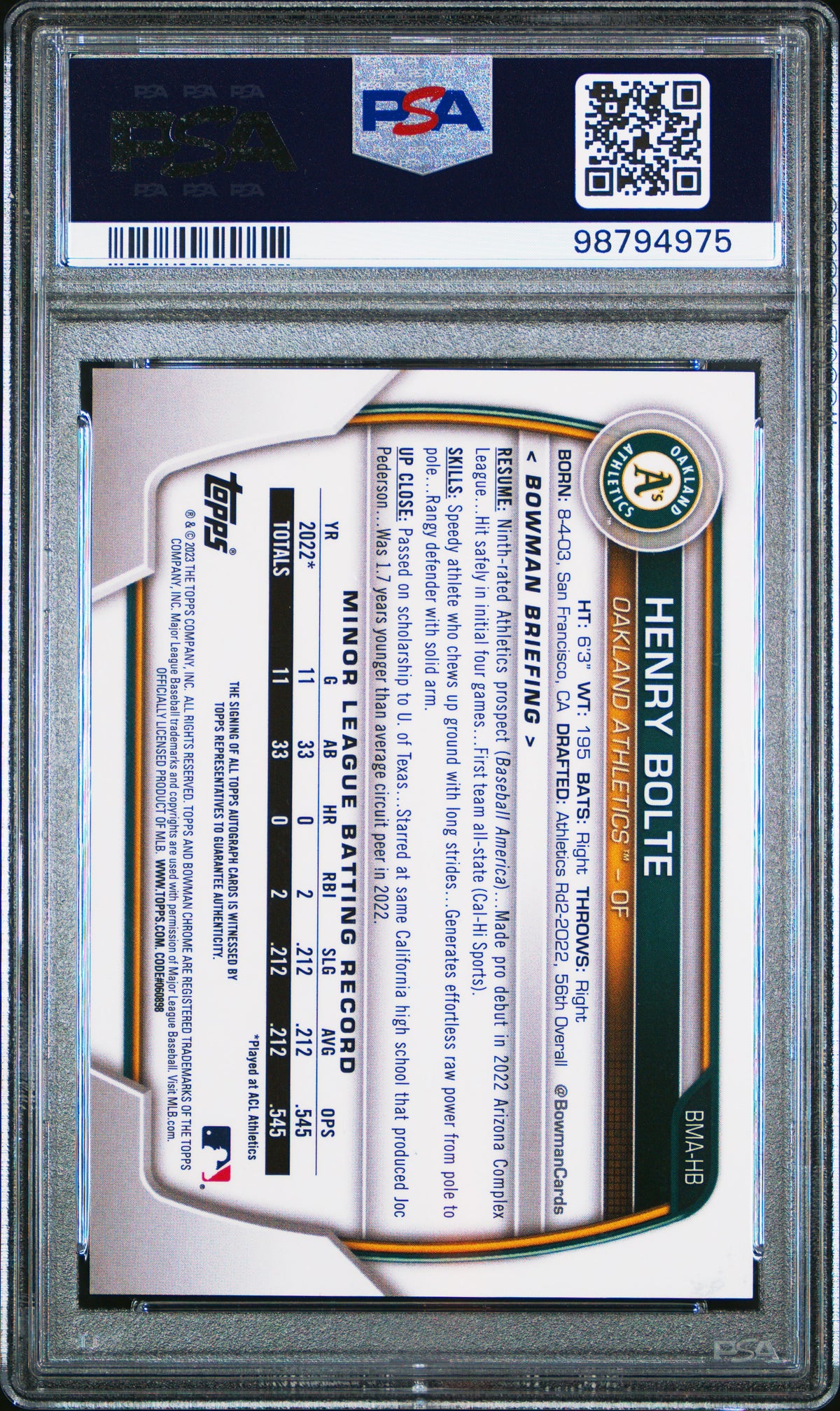 2023 Bowman Mega Box Chrome Prospect Autographs Henry Bolte Green Refractor #HB PSA 10