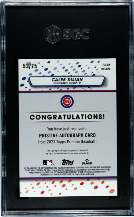 2023 Topps Pristine Caleb Kilian Auto. Pristine Blue Refractor /75 #PA-CK SGC 10 Auto 10