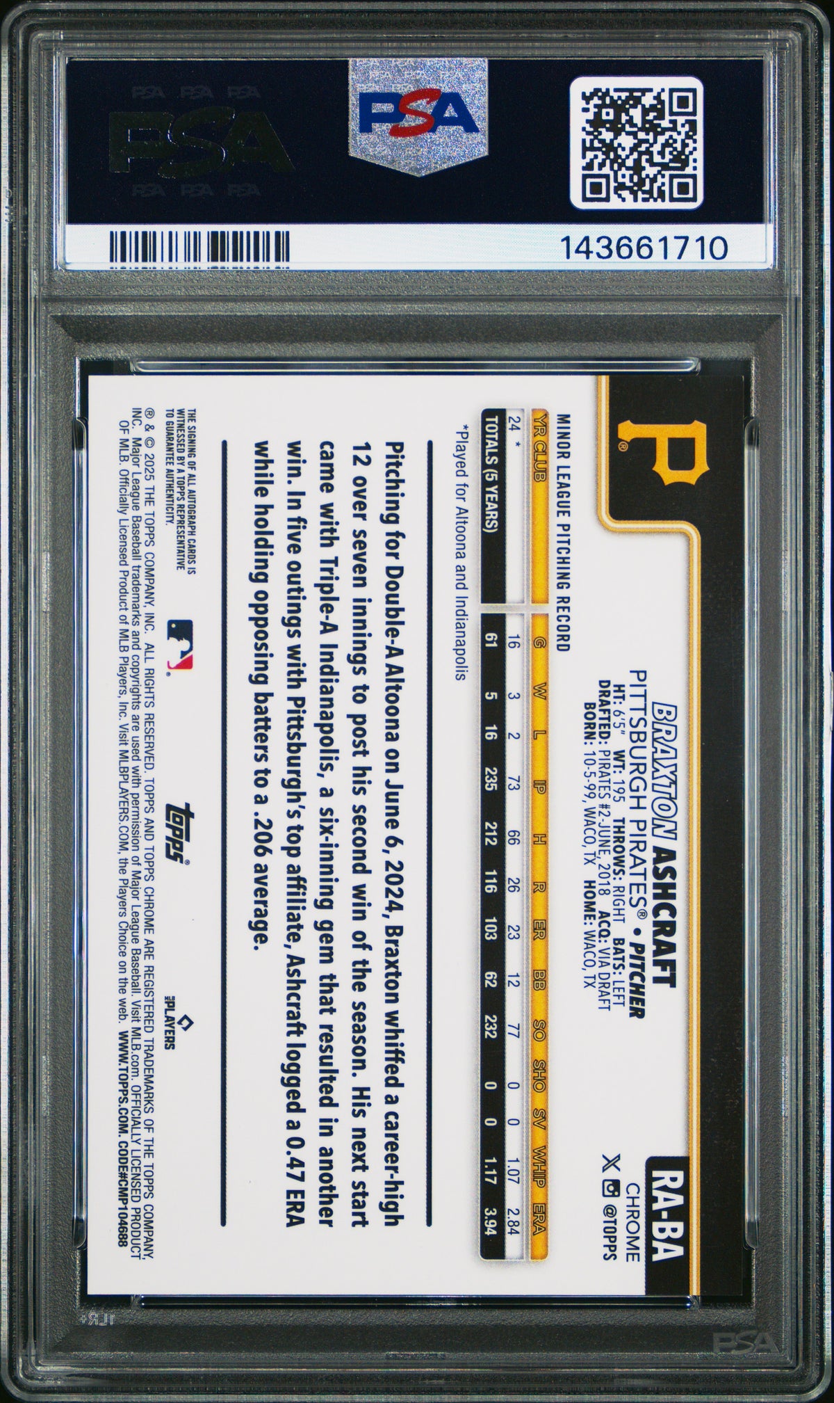 2025 Topps Chrome Update Rookie Autographs Braxton Ashcraft Gold / Orange Lava Lamp #BA PSA 10
