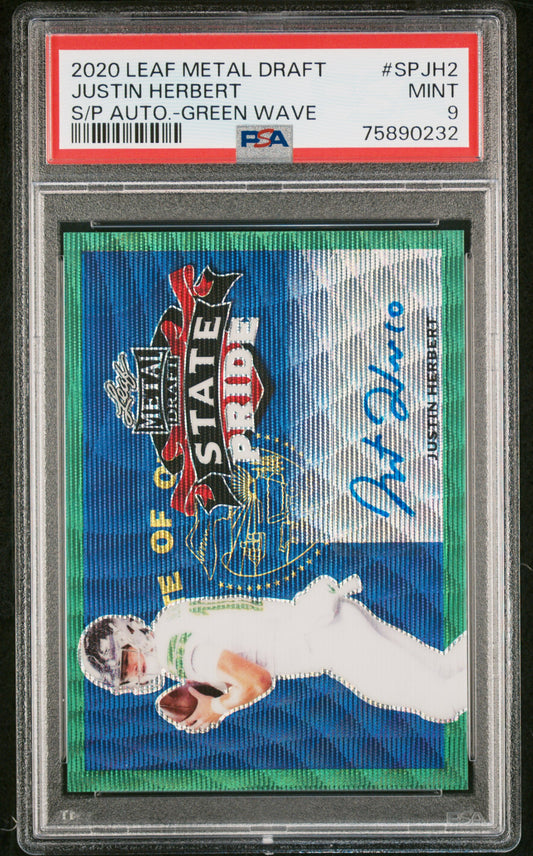 2020 Leaf Metal Draft State Pride Autographs Justin Herbert - Green Wave #SPJH2 PSA 9