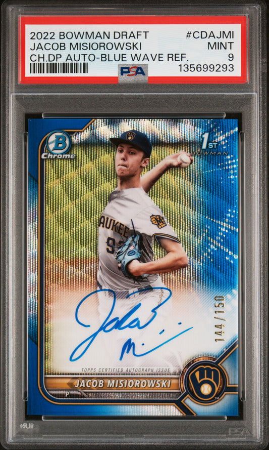 2022 Bowman Draft Chrome Draft Pick Autographs Jacob Misiorowski Blue Wave Refractor #CDAJMI PSA 9