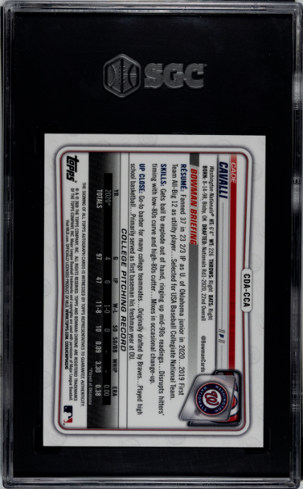 2020 Bowman Chrome Draft Cade Cavalli Auto. Black Refractor /75 #CDA-CCA SGC 10/Auto 10