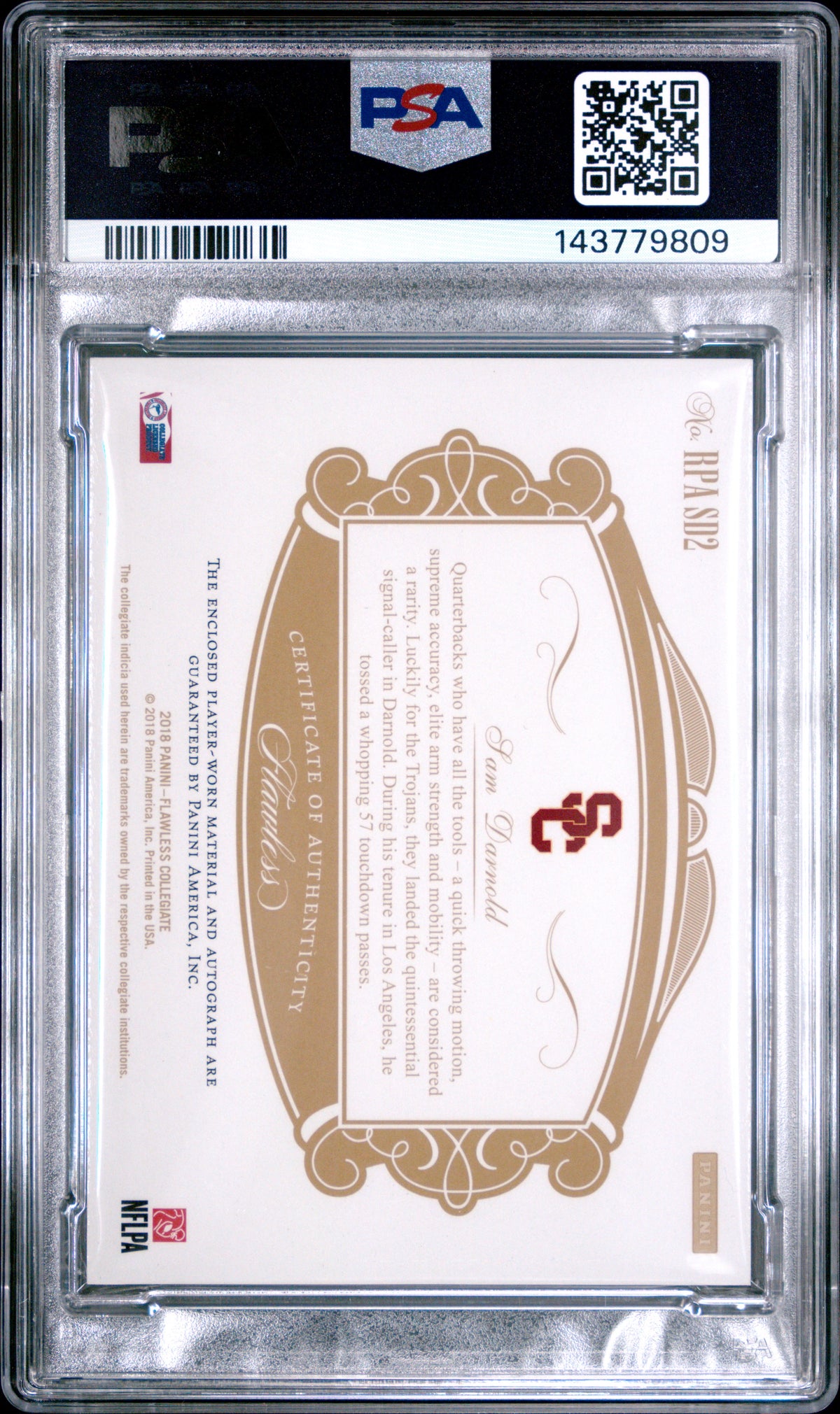2018 Panini Flawless Collegiate Rookie Patch Autographs Sam Darnold - Sapphire #SD2 PSA 8