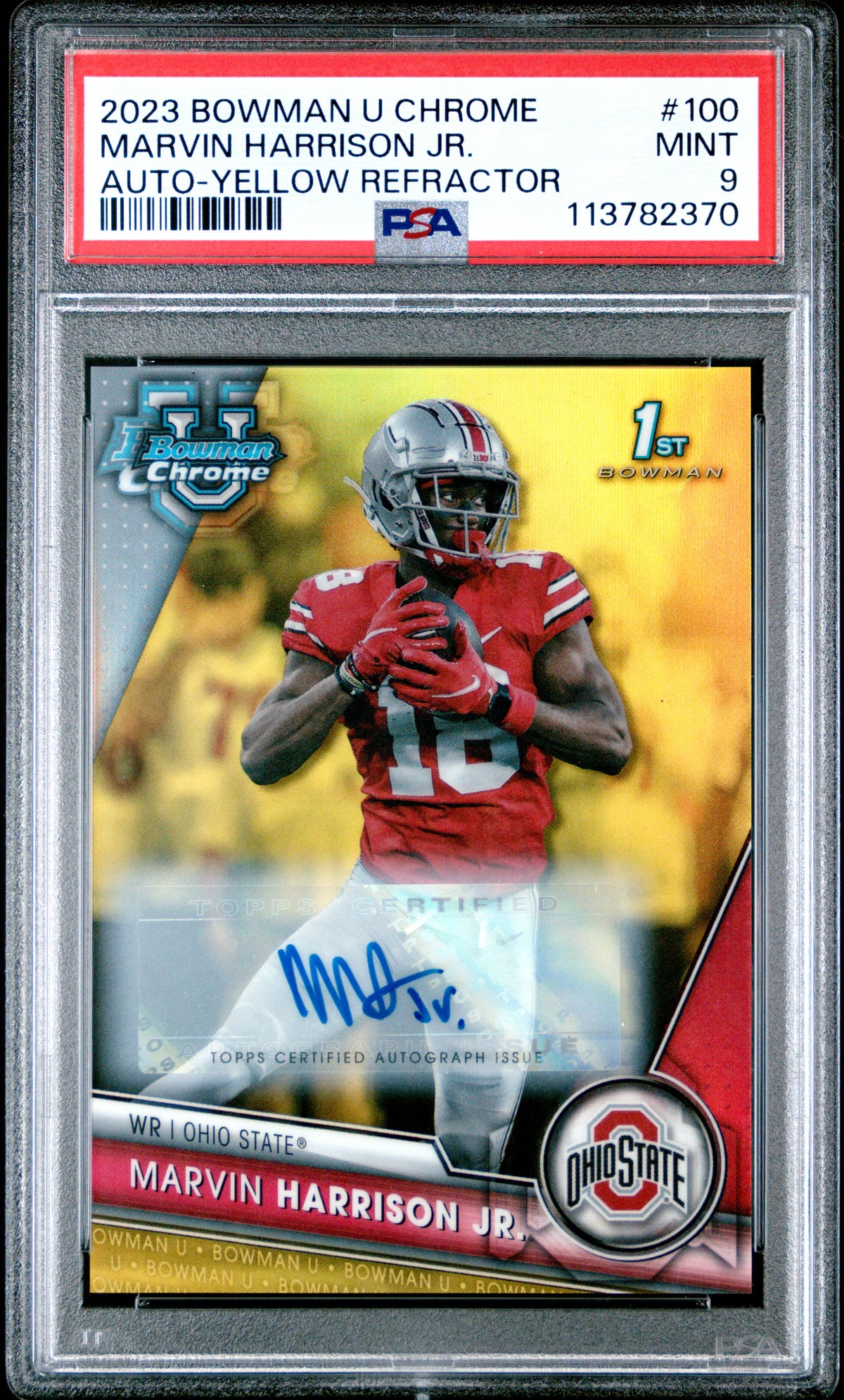 2023 Bowman University Chrome Marvin Harrison Jr. Auto-Yellow Refractor #100 PSA 9