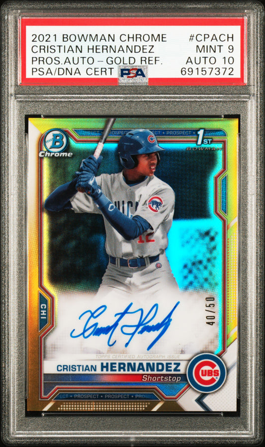 2021 Bowman Chrome Prospect Autographs Cristian Hernandez Gold Ref. #CPACH PSA 9/Auto 10