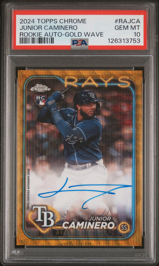 2024 Topps Chrome Rookie Autographs Junior Caminero Gold Wave #RAJCA PSA 10