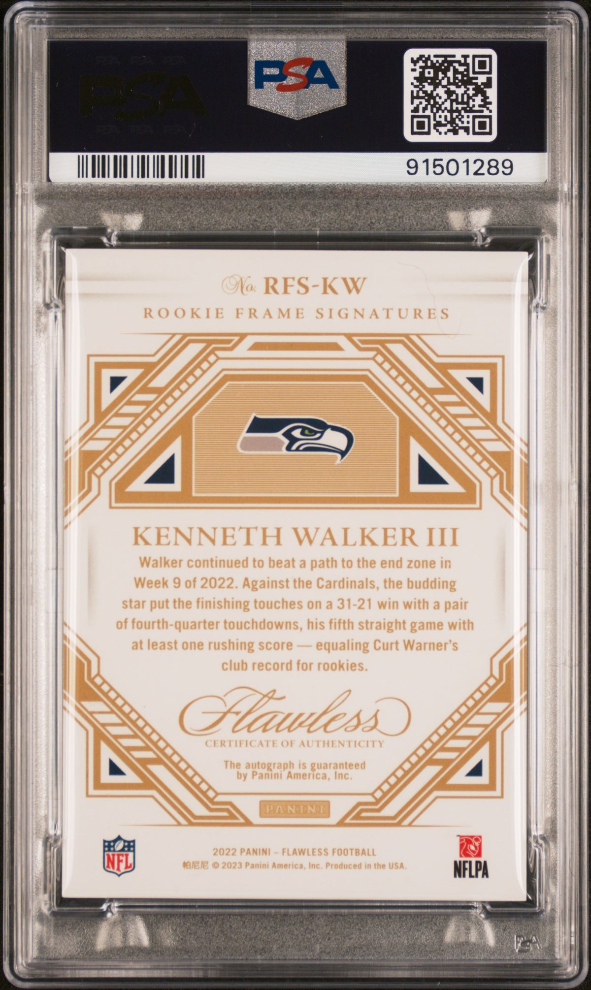 2022 Panini Flawless Rookie Frame Signatures Kenneth Walker Iii - Silver #RFSKW PSA 10