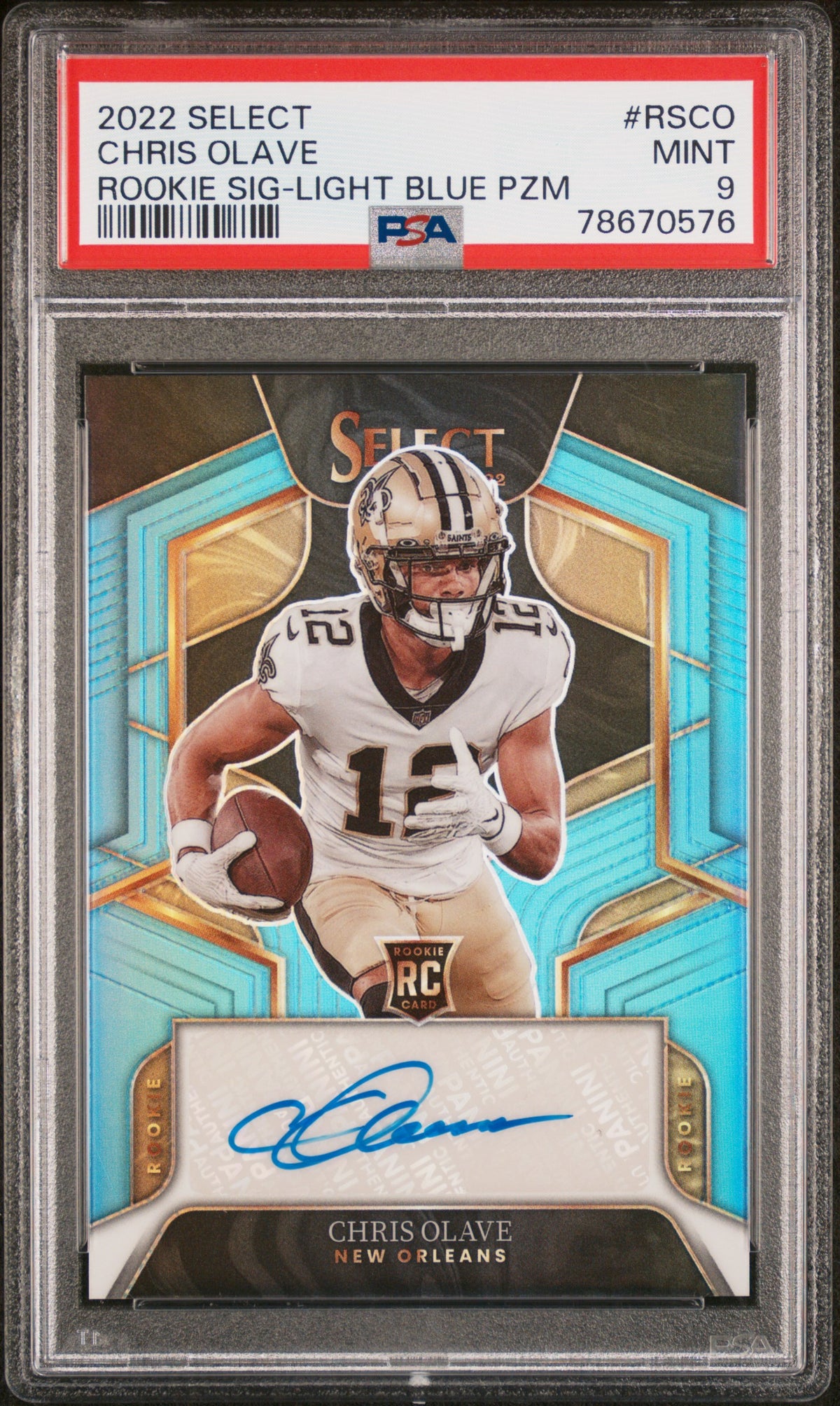 2022 Panini Select Rookie Signatures Chris Olave - Light Blue Pzm #RSCO PSA 9