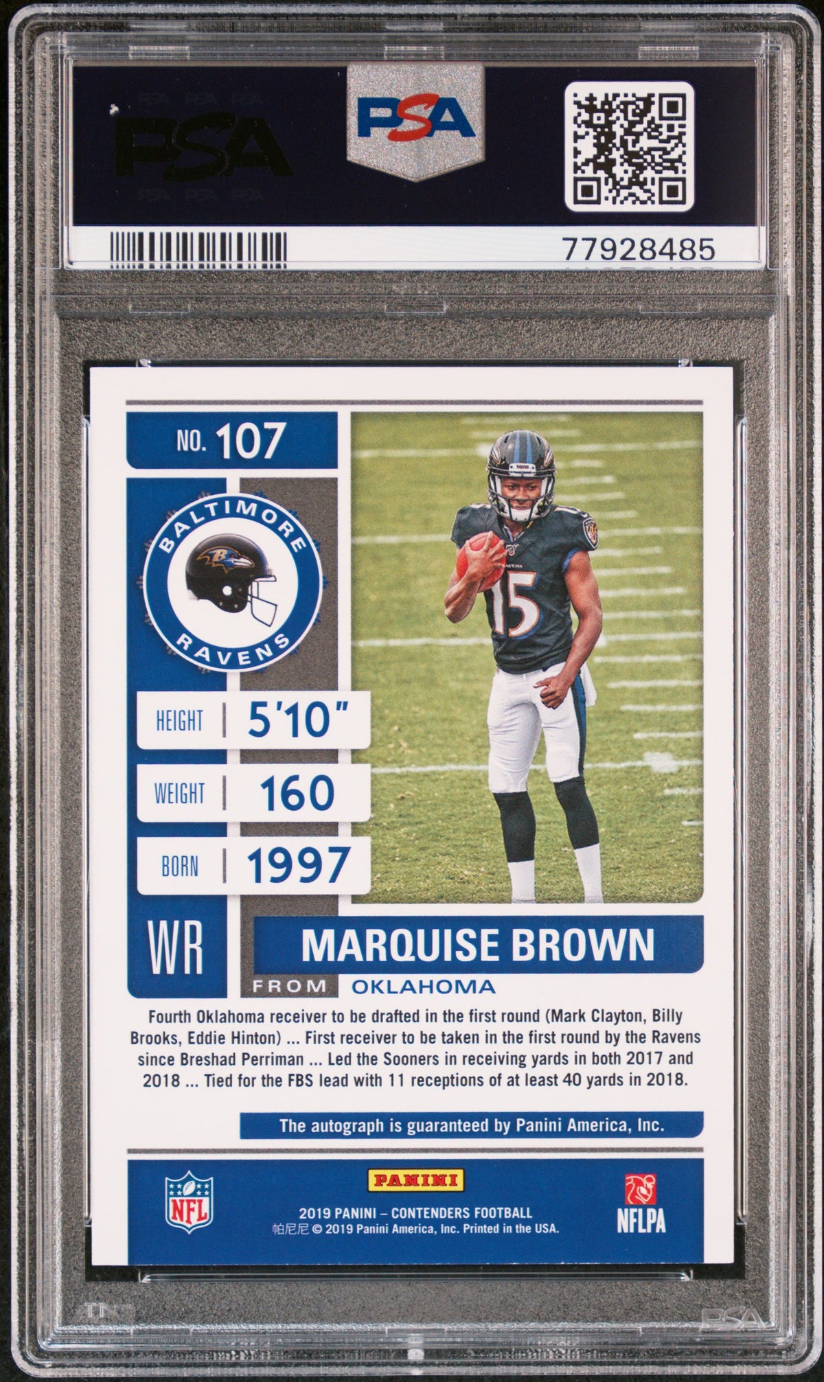 2019 Panini Contenders Marquise Brown Variation-Autograph-Championship #107 PSA 9