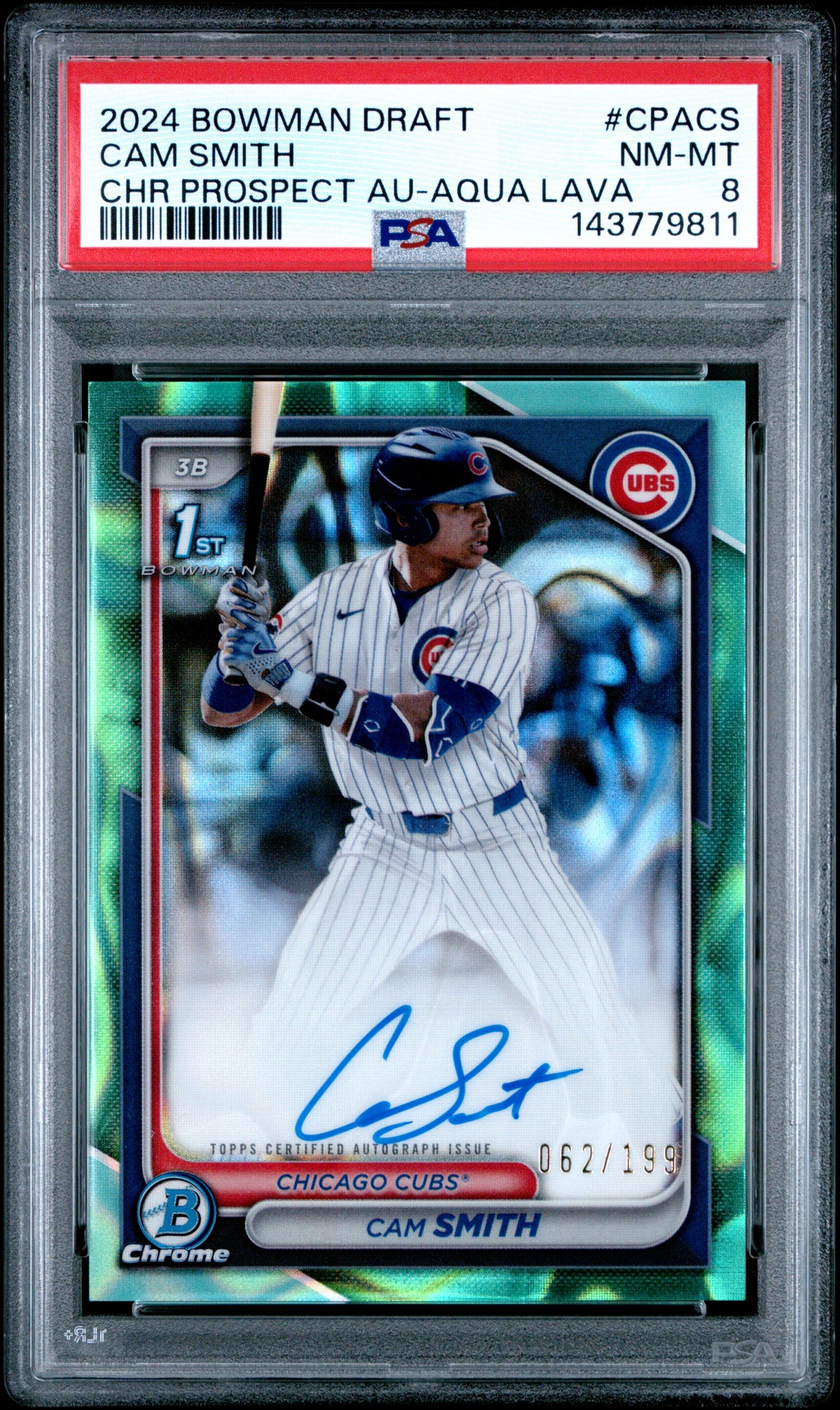 2024 Bowman Draft Chrome Prospect Autographs Cam Smith Aqua Lava #CPACS PSA 8