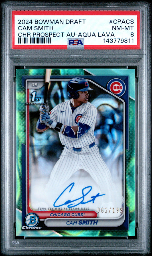 2024 Bowman Draft Chrome Prospect Autographs Cam Smith Aqua Lava #CPACS PSA 8