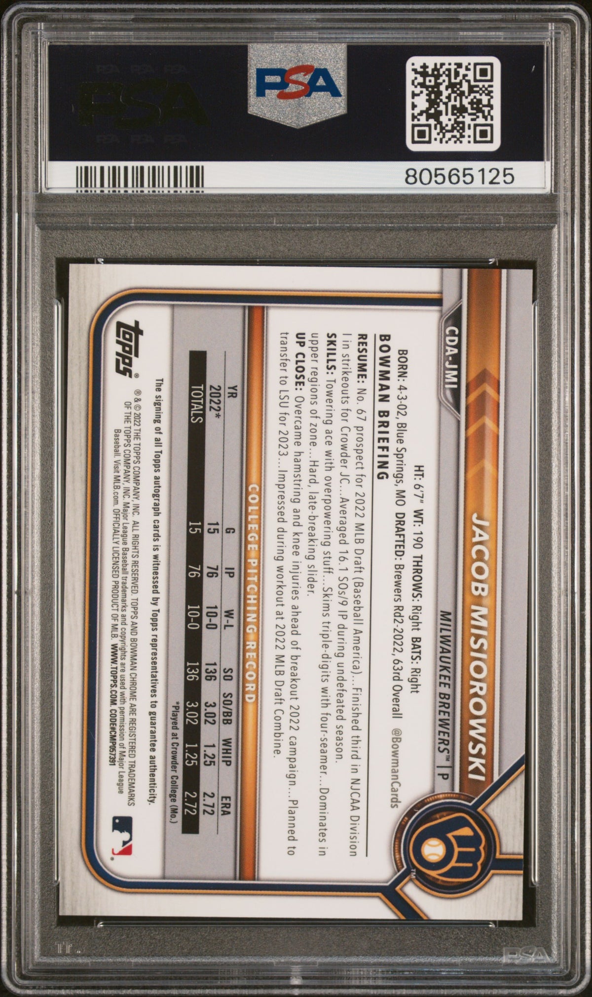 2022 Bowman Draft Chrome Draft Pick Autographs Jacob Misiorowski Purple Refractor #CDAJMI PSA 9