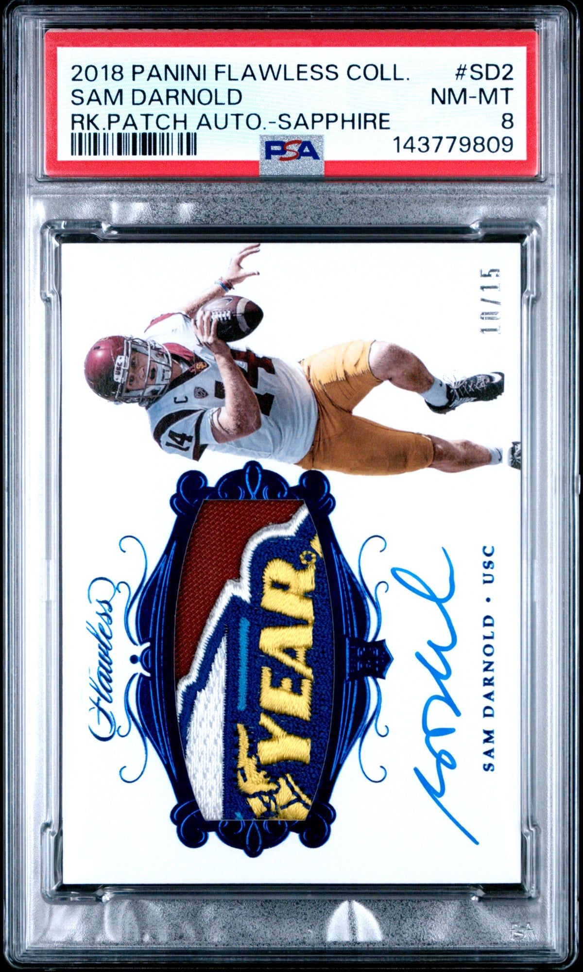2018 Panini Flawless Collegiate Rookie Patch Autographs Sam Darnold - Sapphire #SD2 PSA 8