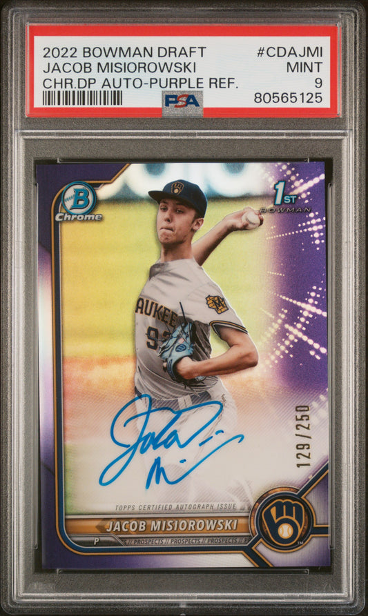 2022 Bowman Draft Chrome Draft Pick Autographs Jacob Misiorowski Purple Refractor #CDAJMI PSA 9
