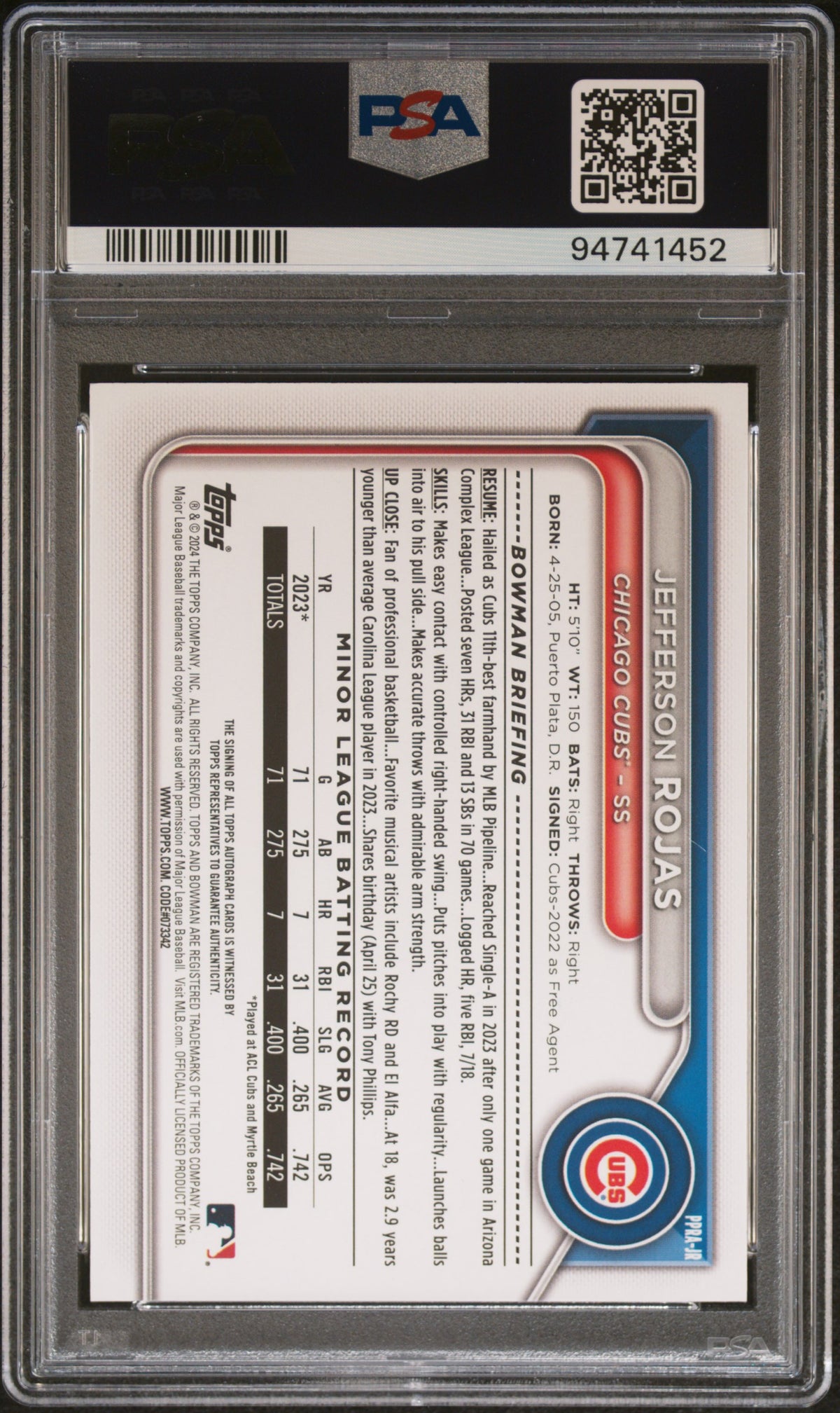 2024 Bowman Paper Prospect Autographs Jefferson Rojas - Gold #JR PSA 10