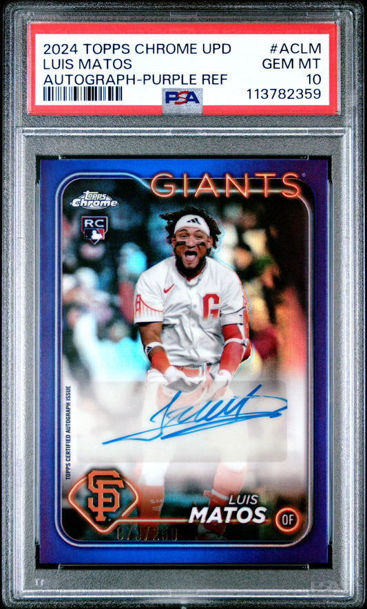 2024 Topps Chrome Update Chrome Baseball Update Series Autographs Luis Matos - Purple Ref #ACLM PSA 10