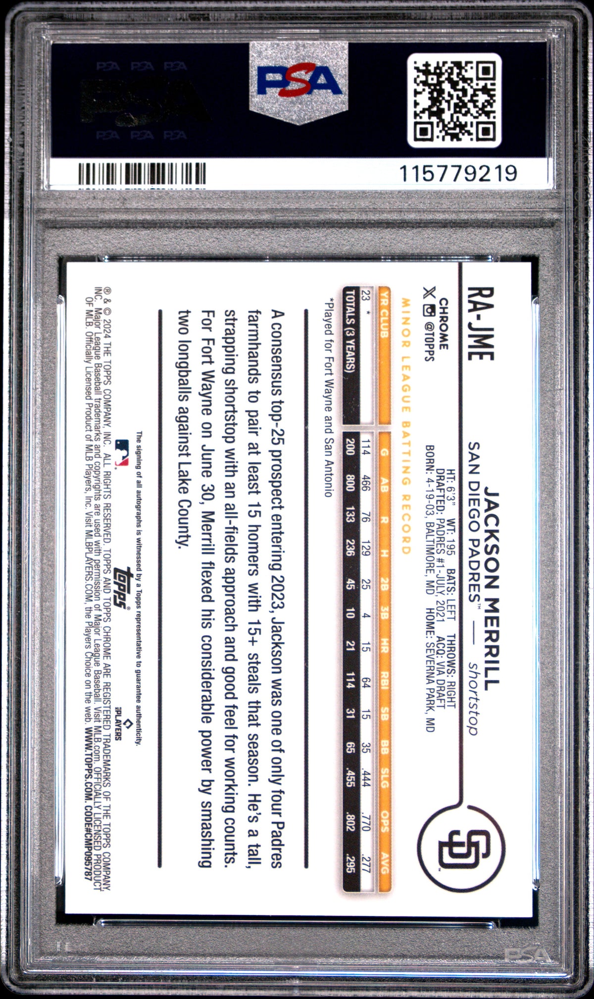 2024 Topps Chrome Update Chrome Rookie Autographs Jackson Merrill - Blue/Green Lava Lamp #RAJME PSA 9