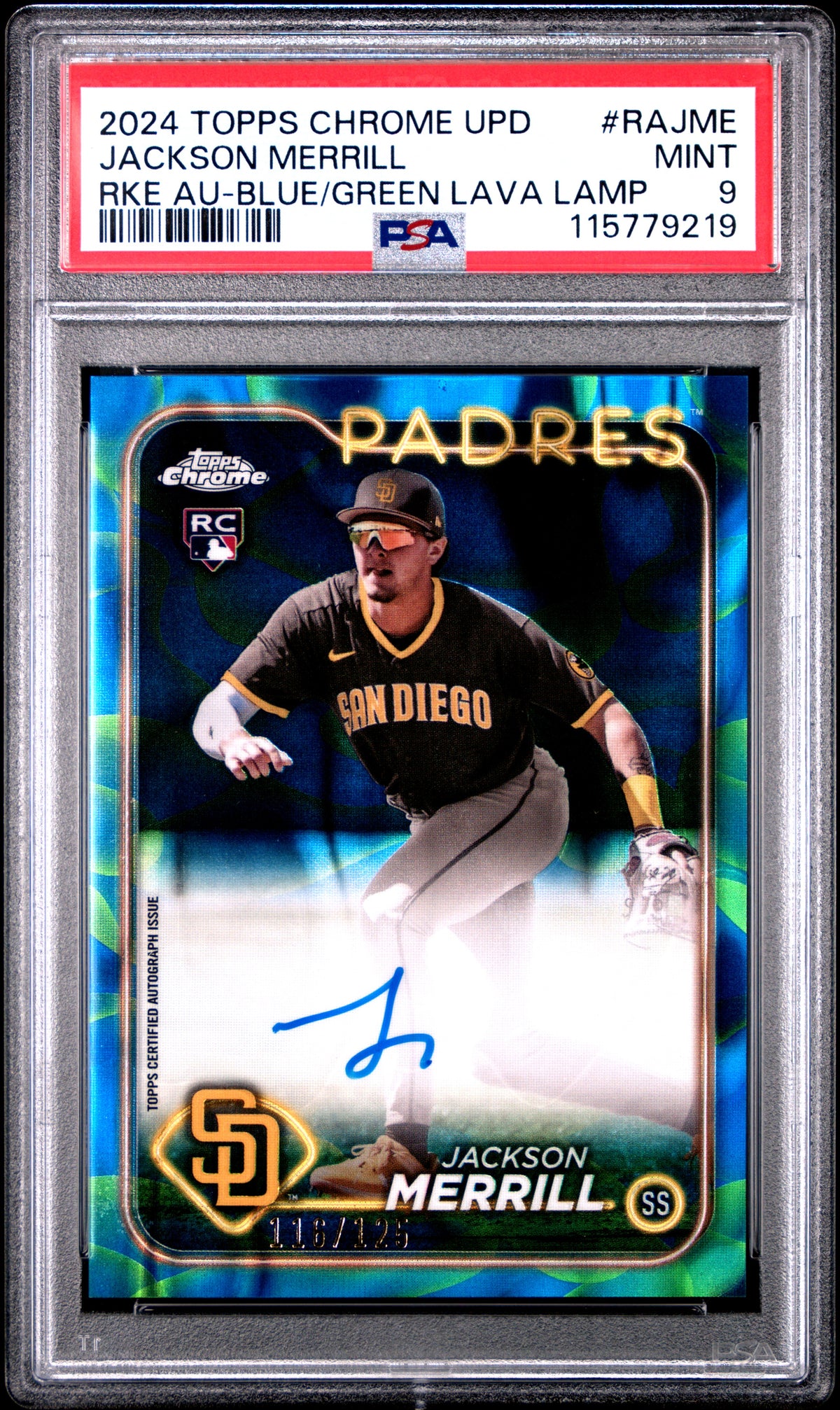 2024 Topps Chrome Update Chrome Rookie Autographs Jackson Merrill - Blue/Green Lava Lamp #RAJME PSA 9