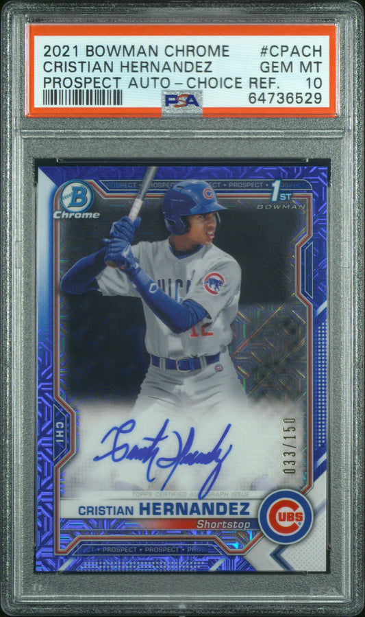 2021 Bowman Chrome Prospect Autographs Cristian Hernandez Blue Ref. #CPACH PSA 10