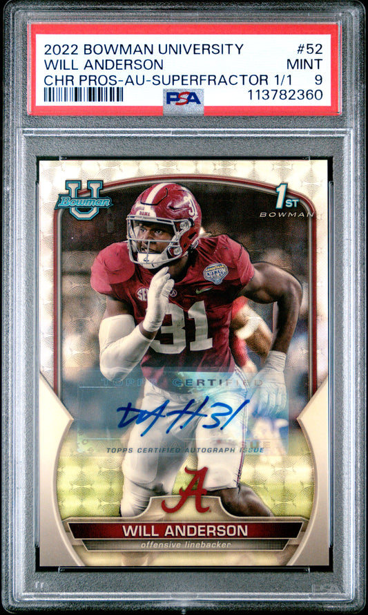 2022 Bowman University Chrome Prospects Will Anderson - Au-Superfractor 1/1 #52 PSA 9