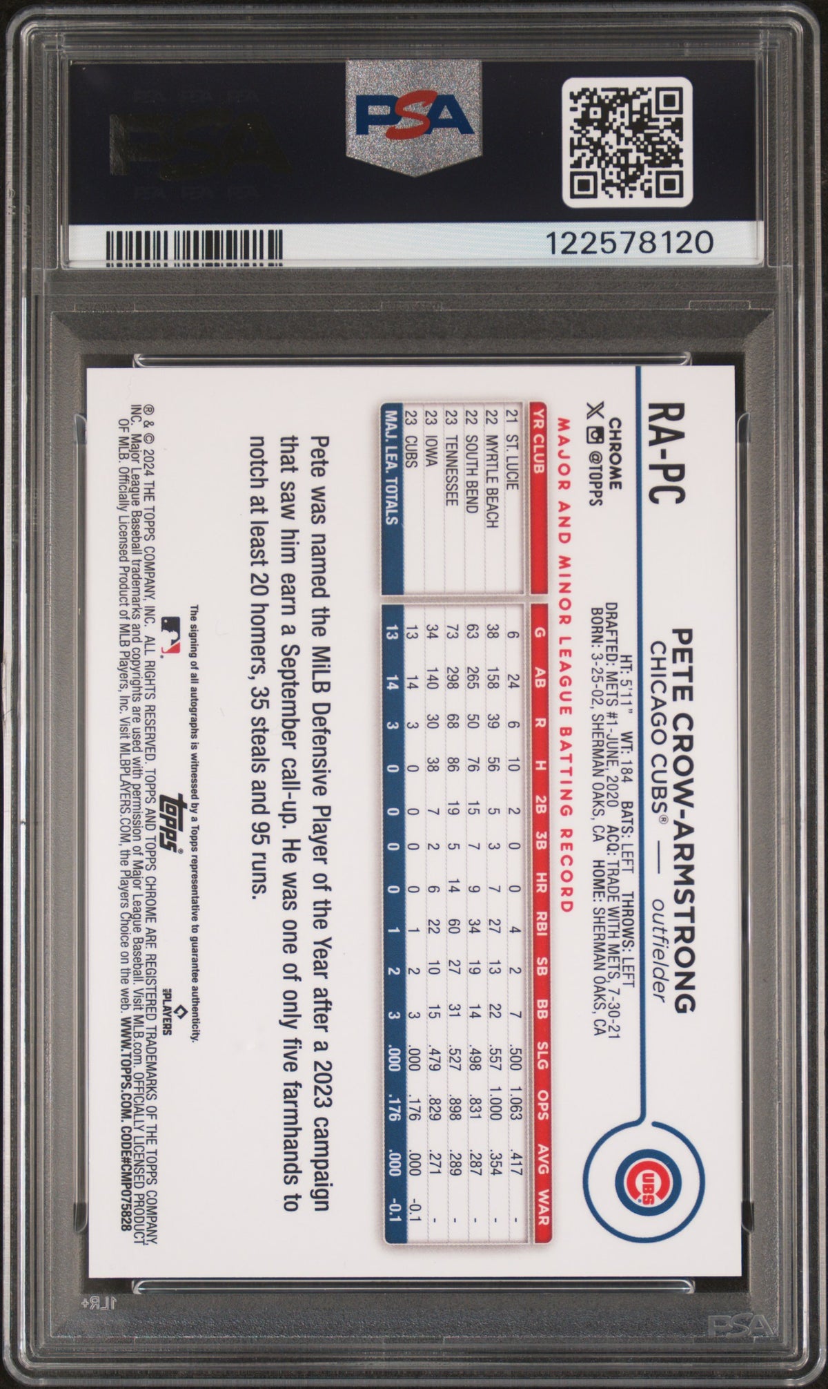 2024 Topps Chrome Rookie Autographs Pete Crow-Armstrong Purple Speckle Ref #RAPC PSA 10