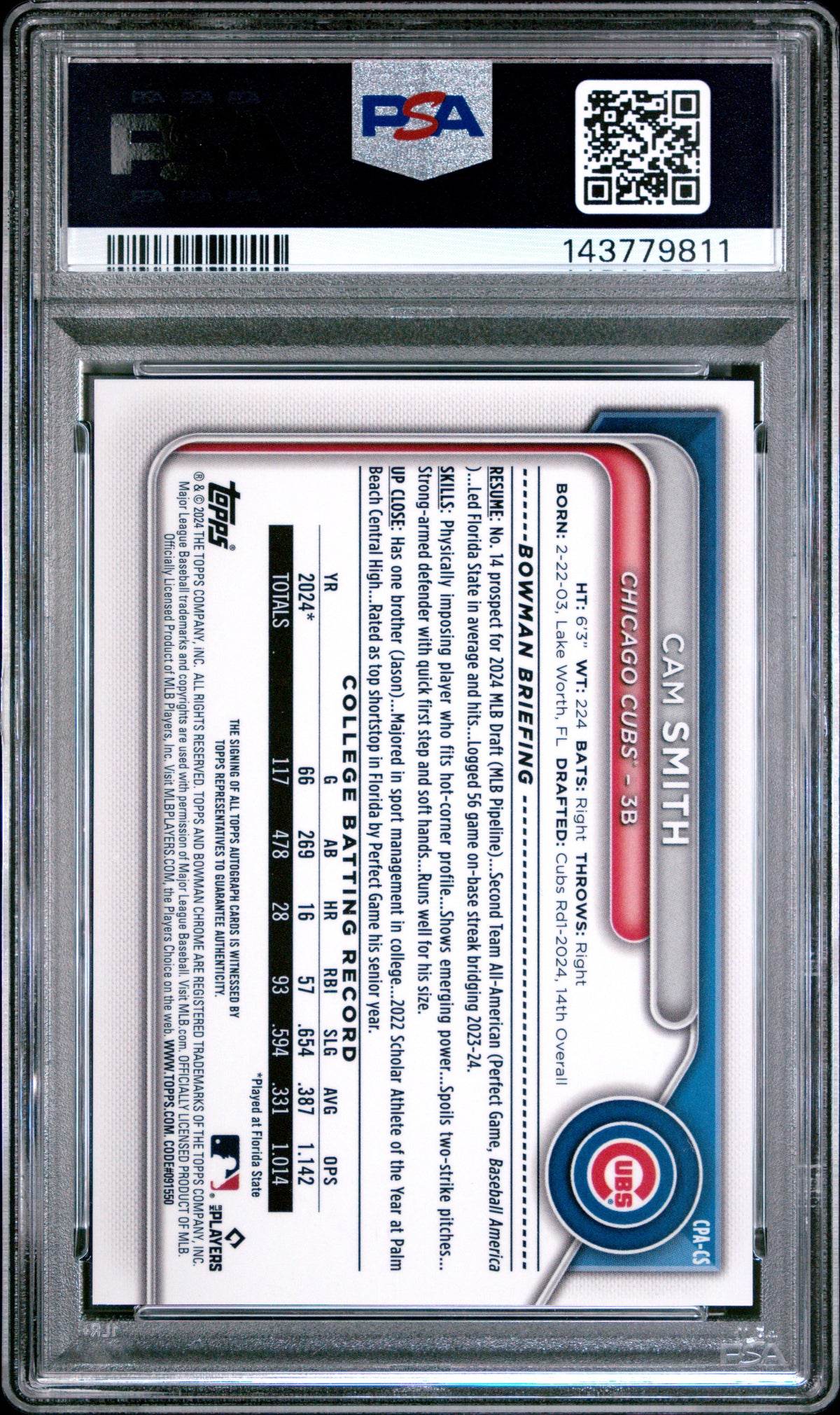2024 Bowman Draft Chrome Prospect Autographs Cam Smith Aqua Lava #CPACS PSA 8