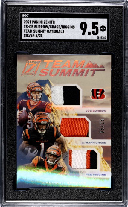 2021 Panini Zenith Burrow/Chase/Higgins Team Summit Mat. Silver #TS-CB SGC 9.5
