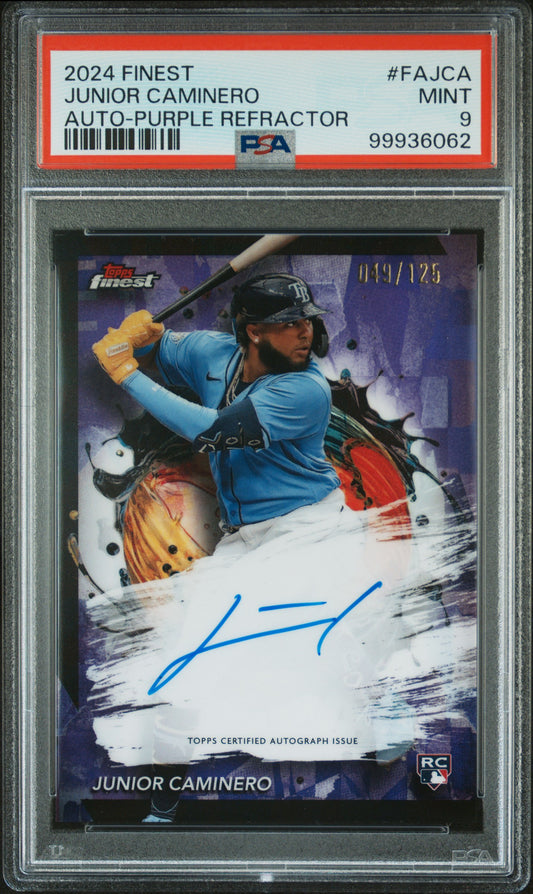 2024 Topps Finest Finest Autographs Junior Caminero - Purple Refractor #FAJCA PSA 9
