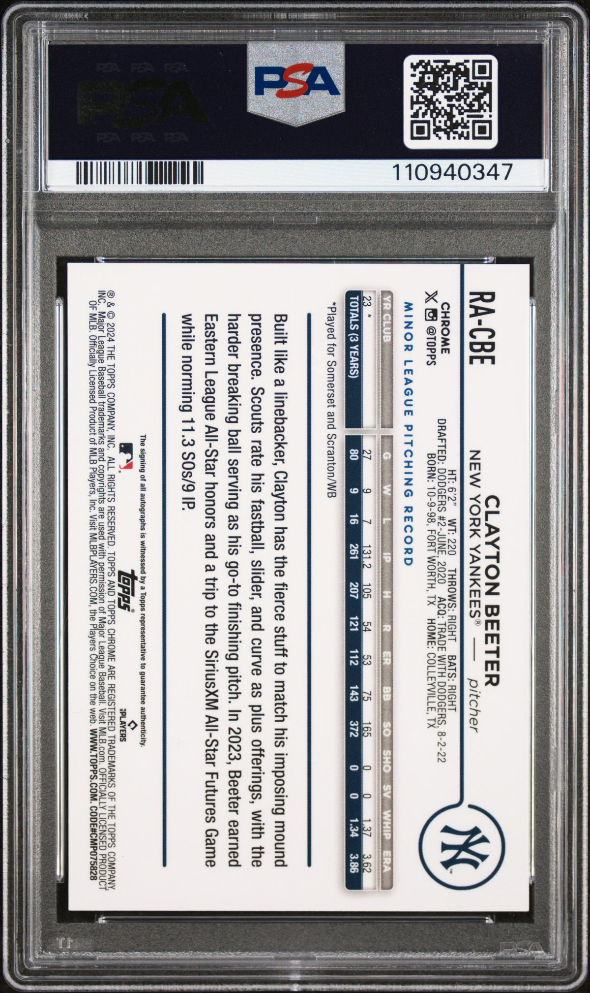 2024 Topps Chrome Update Chrome Baseball Update Series Autographs Clayton Beeter - Gold Refractor #RACBE PSA 10