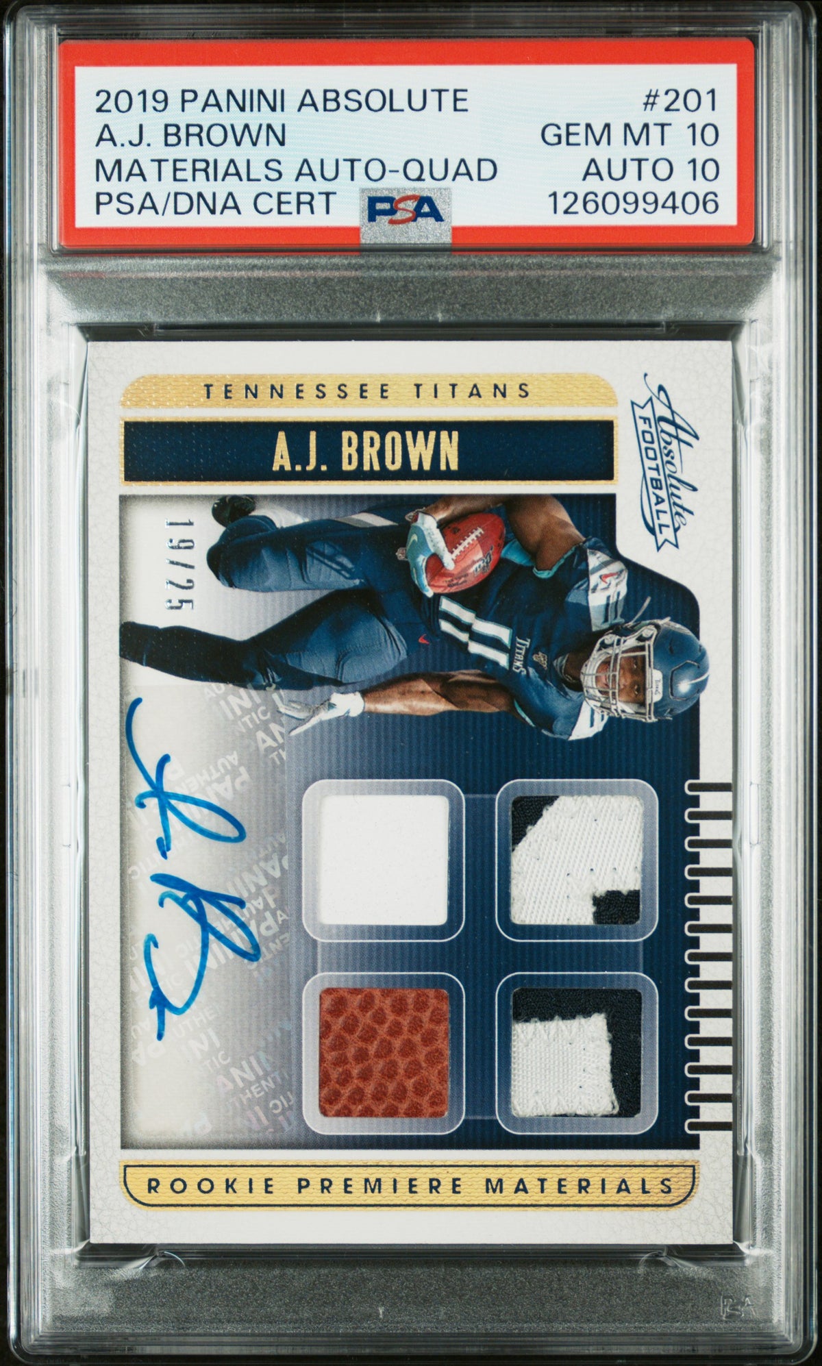 2019 Panini Absolute A.J. Brown Materials Autograph-Quad #201 PSA 10 Auto 10