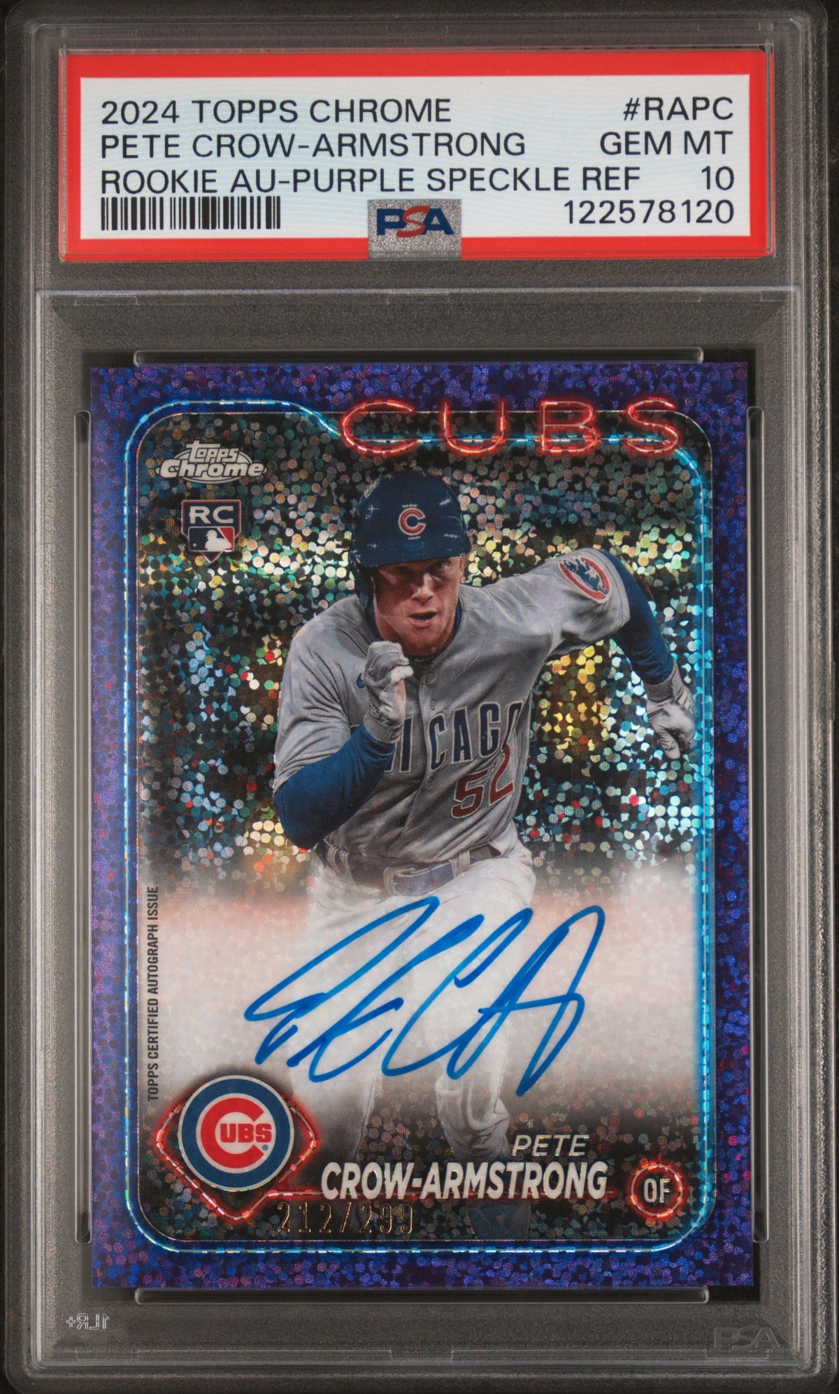 2024 Topps Chrome Rookie Autographs Pete Crow-Armstrong Purple Speckle Ref #RAPC PSA 10