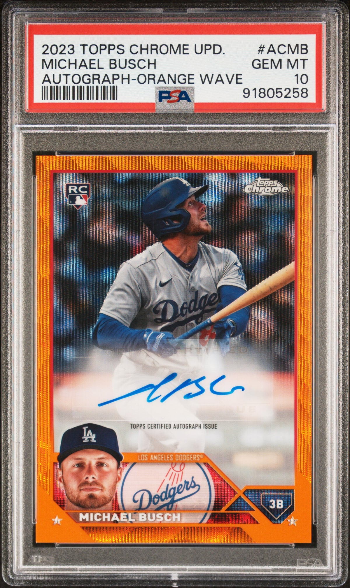 2023 Topps Chrome Update Autograph Michael Busch Orange Wave Ref #ACMB PSA 10