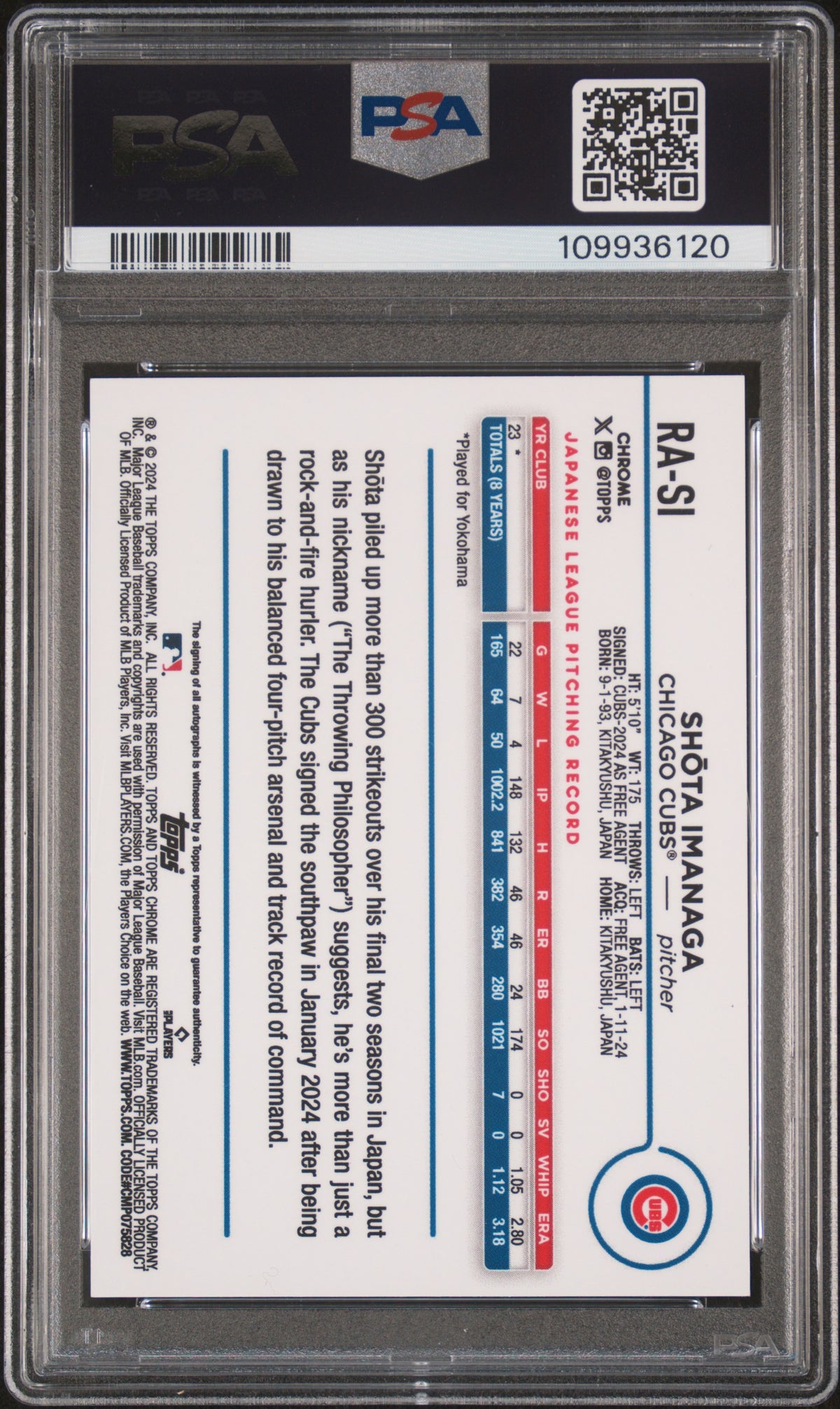 2024 Topps Chrome Rookie Autographs Shota Imanaga - Black Ref #RASI PSA 9/Auto 10