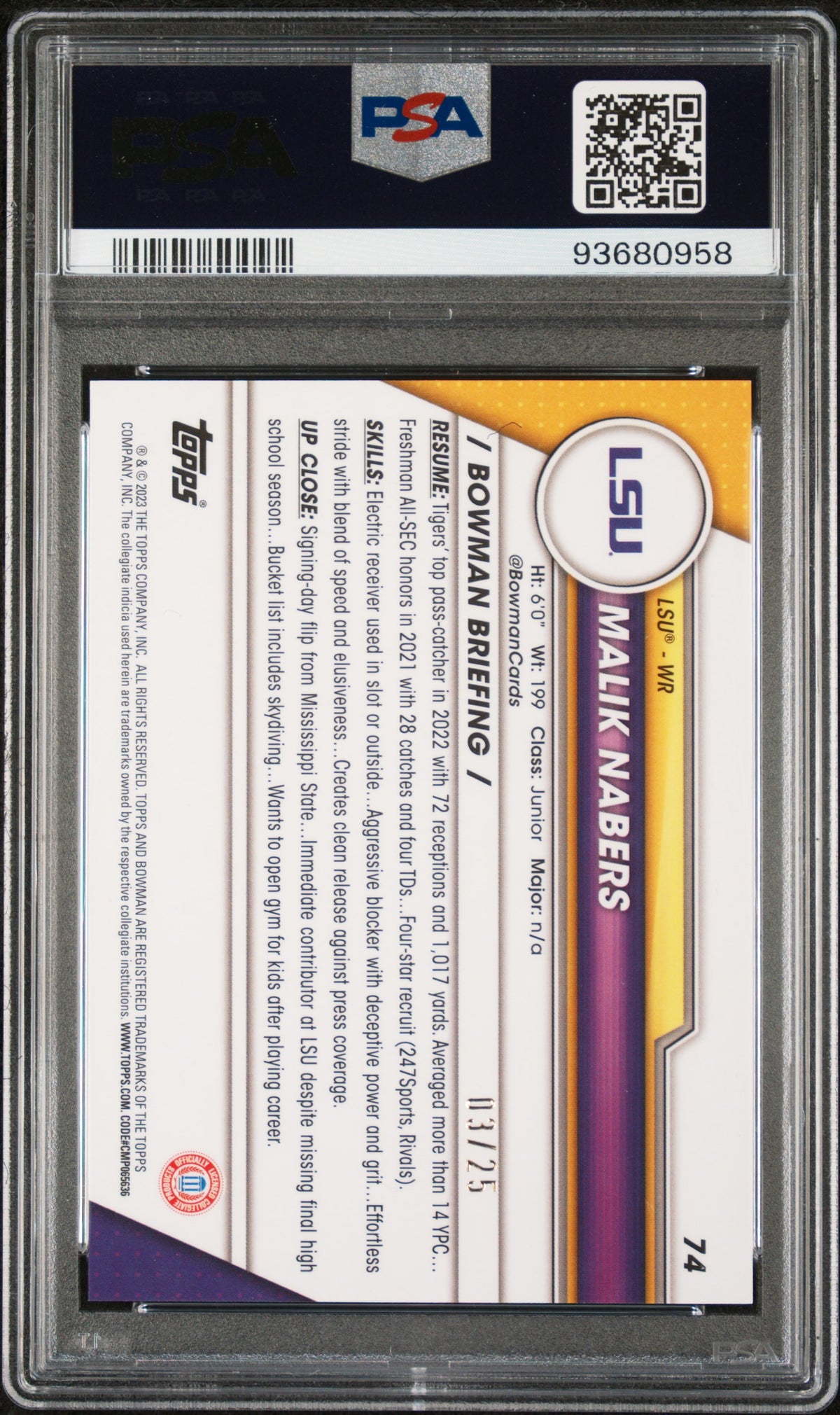 2023 Bowman University Chrome Malik Nabers Orange Surge Refractor #74 PSA 10