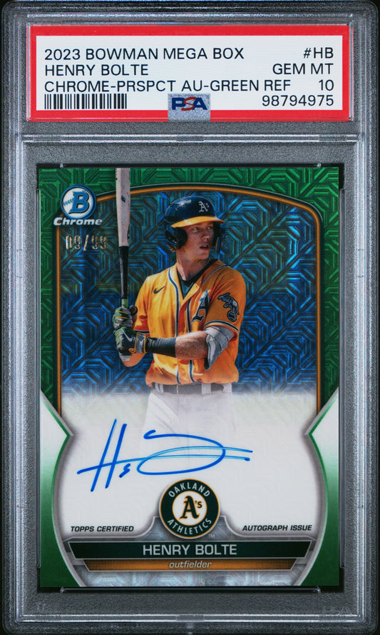 2023 Bowman Mega Box Chrome Prospect Autographs Henry Bolte Green Refractor #HB PSA 10