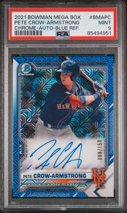 2021 Bowman Mega Box Chrome Autographs Pete Crow-Armstrong Blue Refractor #BMAPC PSA 9