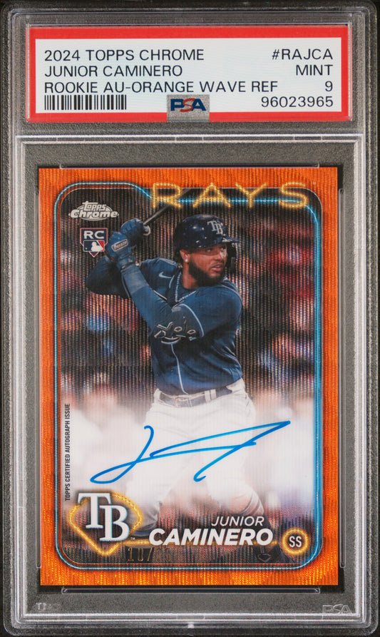 2024 Topps Chrome Rookie Autographs Junior Caminero - Orange Wave #RAJCA PSA 9