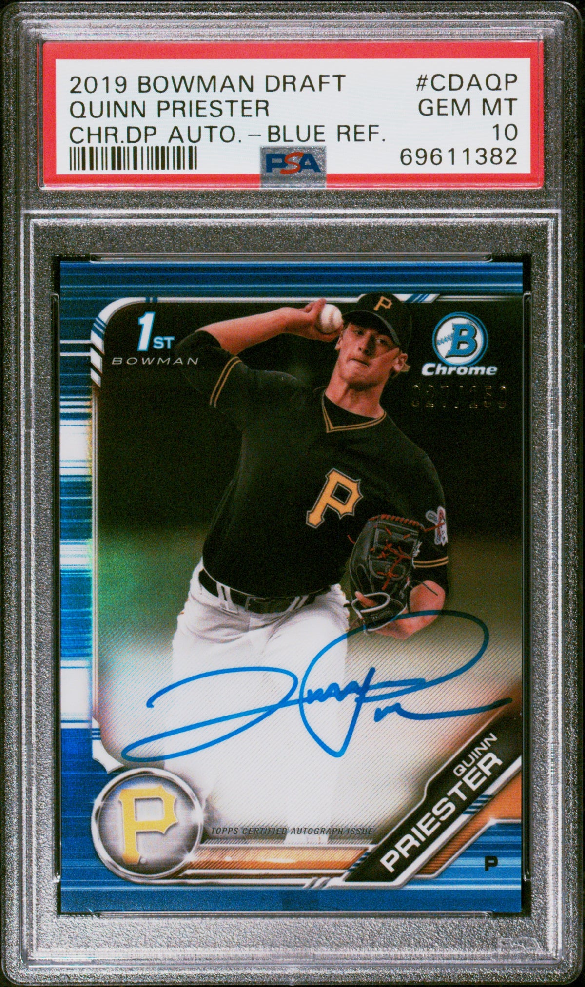 2019 Bowman Draft Chrome Draft Picks Autograph Quinn Priester - Blue Ref. #CDAQP PSA 10