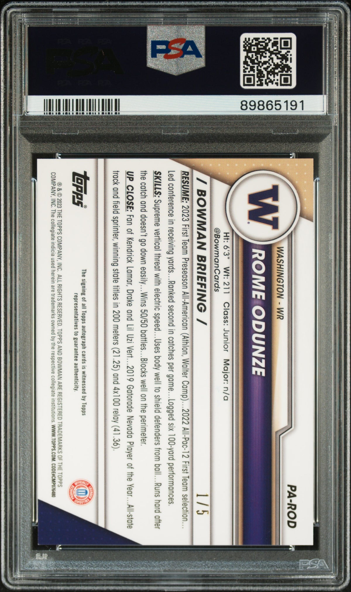 2023 Bowman University Chrome Sapphire Prospect Autograph Rome Odunze - Red #ROD PSA 9/Auto 10