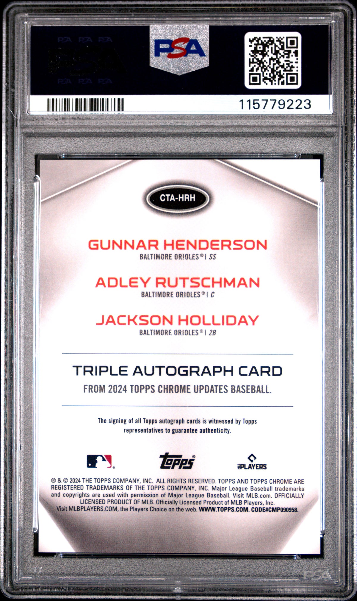 2024 Topps Chrome Update Triple Autographs Hndrsn/Rtschmn/Holldy - Red Refractor #HRH PSA 10