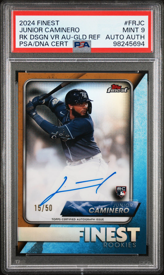 2024 Topps Finest Finest Rookie Design Variation Autographs Junior Caminero Au-Gld Ref #FRJC PSA 9 Auto AUTH