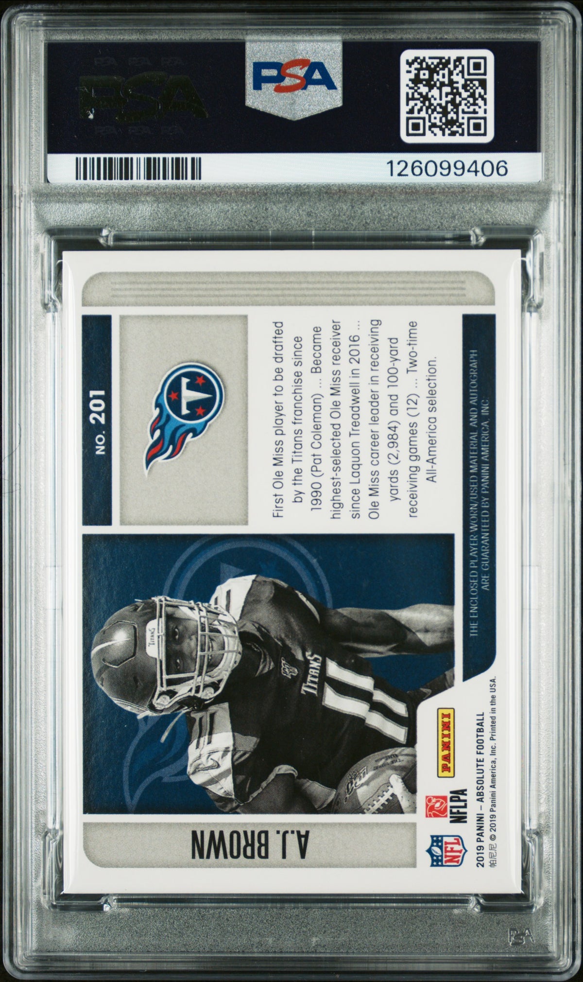 2019 Panini Absolute A.J. Brown Materials Autograph-Quad #201 PSA 10 Auto 10